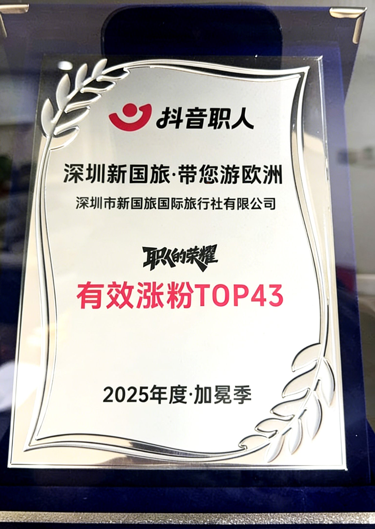 深圳新国旅带您游欧洲 抖音职人有效涨粉TOP43奖牌